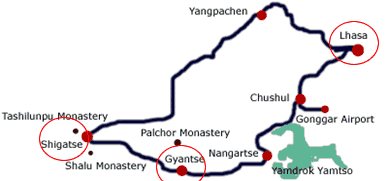 Lhasa-Gyantse-Shigatse tour package tour map